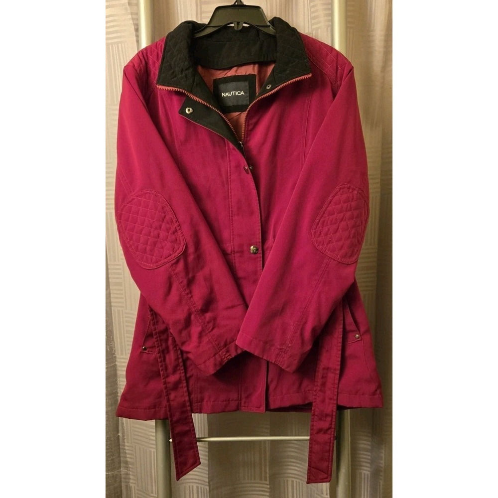 Nautica Women's Red Rain Utility Jacket Belted Full Zip Coat Size L/XL